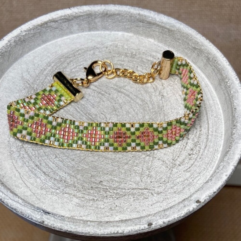 Beaded Bracelet Pink and Green Pattern by Bloom Design Studio